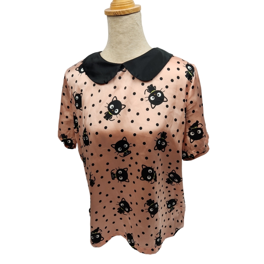 Sanrio Pink Polka Dot Cat Print Peter Pan Collar Blouse